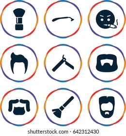 Beard icons set. set of 9 beard filled icons such as man hairstyle, bllade razor, razor, shaving brush