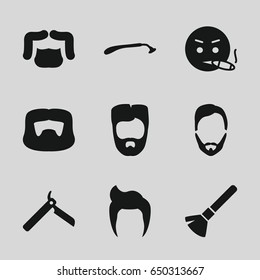 Beard icons set. set of 9 beard filled icons such as man hairstyle, bllade razor, razor, shaving brush