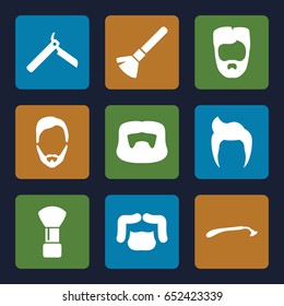 Beard icons set. set of 9 beard filled icons such as man hairstyle, bllade razor, razor