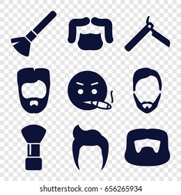Beard icons set. set of 9 beard filled icons such as man hairstyle, bllade razor, shaving brush