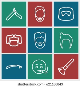 Beard icons set. set of 9 beard outline icons such as man hairstyle, bllade razor, razor, shaving brush