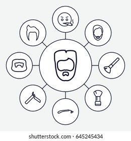 Beard icons set. set of 9 beard outline icons such as man hairstyle, blade razor, razor, shaving brush