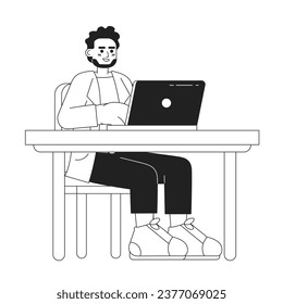 Beard indian adult man working on laptop office black and white 2D cartoon character. South asian bearded male sitting at desk isolated vector outline person. Monochromatic flat spot illustration