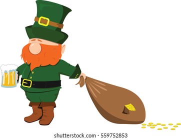 Beard leprechaun with a beer and a bag