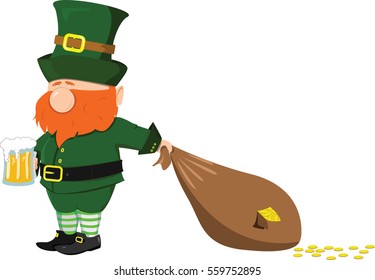 Beard leprechaun with a beer and a bag