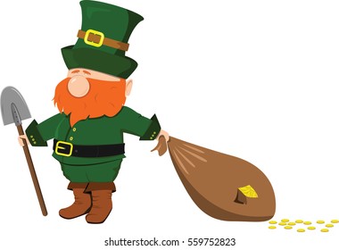 Beard leprechaun with a shovel and a bag