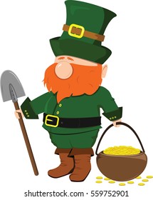 Beard leprechaun with a shovel and a pot