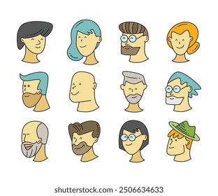 beard man bald man and woman face icons comic style illustration