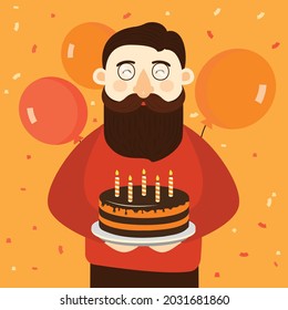 Beard man with birthday cake in sweater and glasses with confetti and balloons on background