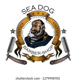 Beard man, captain with pipe in center of gold ribbon between of two razor in engraving style. Vintage style color illustration for burbershop or t-shirt design