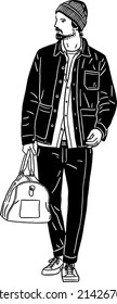 Beard Man carrying handbag Casual style People street wear Hand drawn line art Illustration