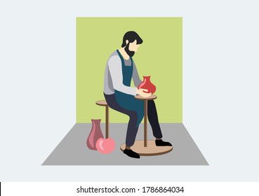 beard man ceramist sits on stool and sculpts vessel from clay 