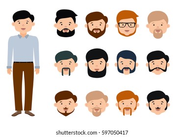 Beard man character creation set. The options of beards and mustaches for young men. Flat style illustration. Isolated vector illustration