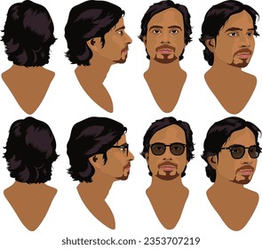 A beard man character illustration with eight angles. A brown young man with beard character illustration.