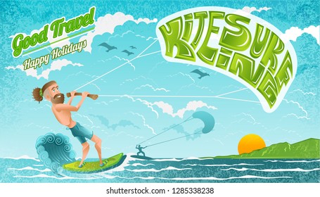 Beard man character riding on kiteboard. Bright illustration in flat cartoon style.
