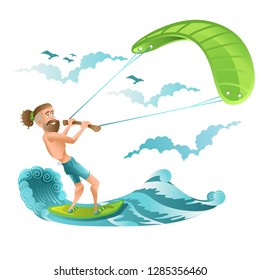 Beard man character riding on kiteboard on white. Bright illustration in flat cartoon style.