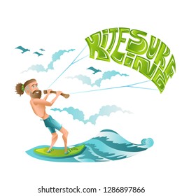 Beard man character riding on kiteboard with lettering kitesurfing on his parachute. Bright illustration in flat cartoon style isolated on white.