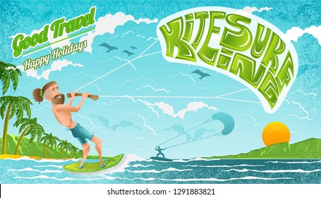 Beard man character riding on kiteboard with lettering kitesurfing on his parachute. Bright illustration in flat cartoon style.
