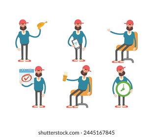 Personajes de hombre barba ambientados en varias poses Ilustración vectorial