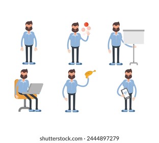 beard man characters in various poses vector illustration