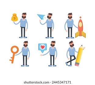 Personajes de hombre barba en varias poses Ilustración vectorial