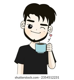 beard man is drinking coffee , black shirt man shows a cup of coffee.