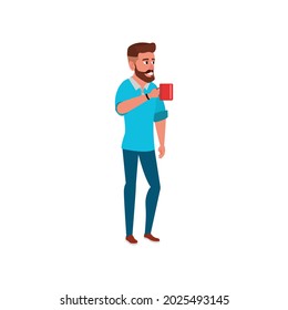 Beard Man Drinking Coffee And Talking With Colleagues In Office Kitchen Cartoon Vector