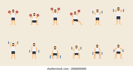 Hombre barba haciendo ejercicio con equipo de peso. Vector de ilustración plana de entrenamiento. hombre levantando campanas
