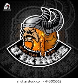 Beard man face in profile with horned helmet. Logo for any sport team vikings