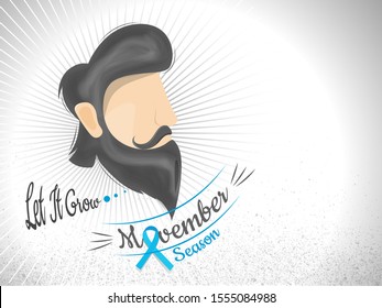 Beard man face and prostate cancer ribbon on white rays background for Movember Season concept based banner or poster design.