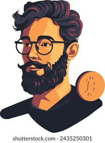 Hombre barba con gafas y bitcoin.