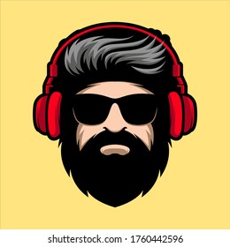 BEARD MAN WITH GLASSES AND HEADPHONE MASCOT ILLUSTRATION