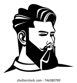  Beard man and haircut. Icon for the hairdresser. An image of a hipster man. Retro drawing. Vector illustration