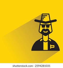 beard man with hat icon on drop shadow yellow background