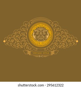 Beard man head in center of lines swirl pattern. Royal monogram luxury style