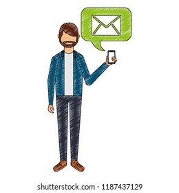 beard man holding smartphone with email