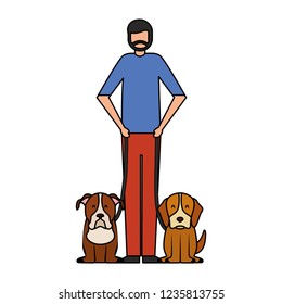 beard man holding two pet dogs