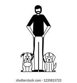 beard man holding two pet dogs