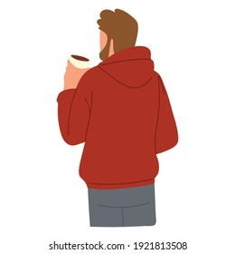 beard man holds disposable coffee cup, back view vector illustration