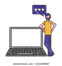 beard man with laptop and speech bubble