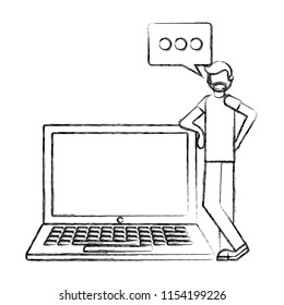 beard man with laptop and speech bubble