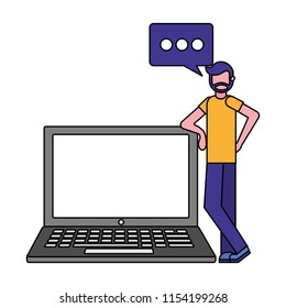 beard man with laptop and speech bubble