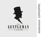 Beard Man with Lincoln Victorian Felt Top Hat Silhouette for Gentleman Fashion Boutique Tailor Logo Design