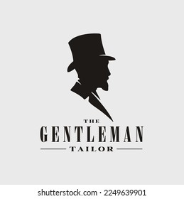 Beard Man with Lincoln Victorian Felt Top Hat Silhouette for Gentleman Fashion Boutique Tailor Logo Design