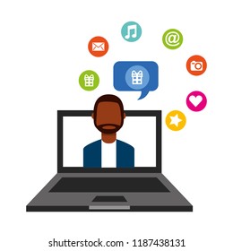 beard man on screen laptop talk bubble social media