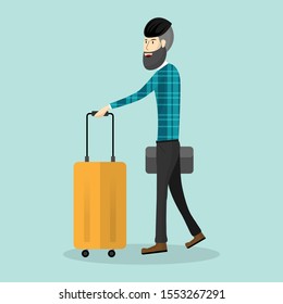 The beard man passenger walking with bag travel isolated on background. Vector illustration in flat design.