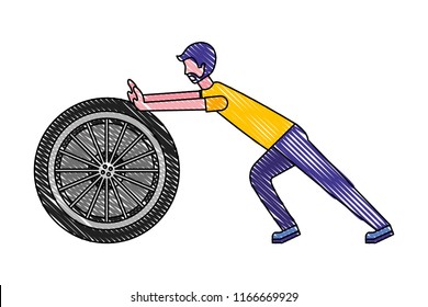 beard man pushing car wheel repair drawing color