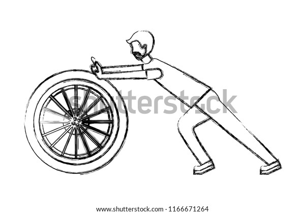 beard man\
pushing car wheel repair hand\
drawing