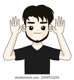 beard man is raising two hand , black shirt man raises hand with smile