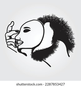 Beard man removing his face off his head vector with curly hairs style illustration